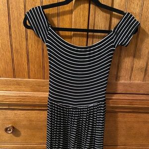 a&e black and white rubbed off the shoulder dress